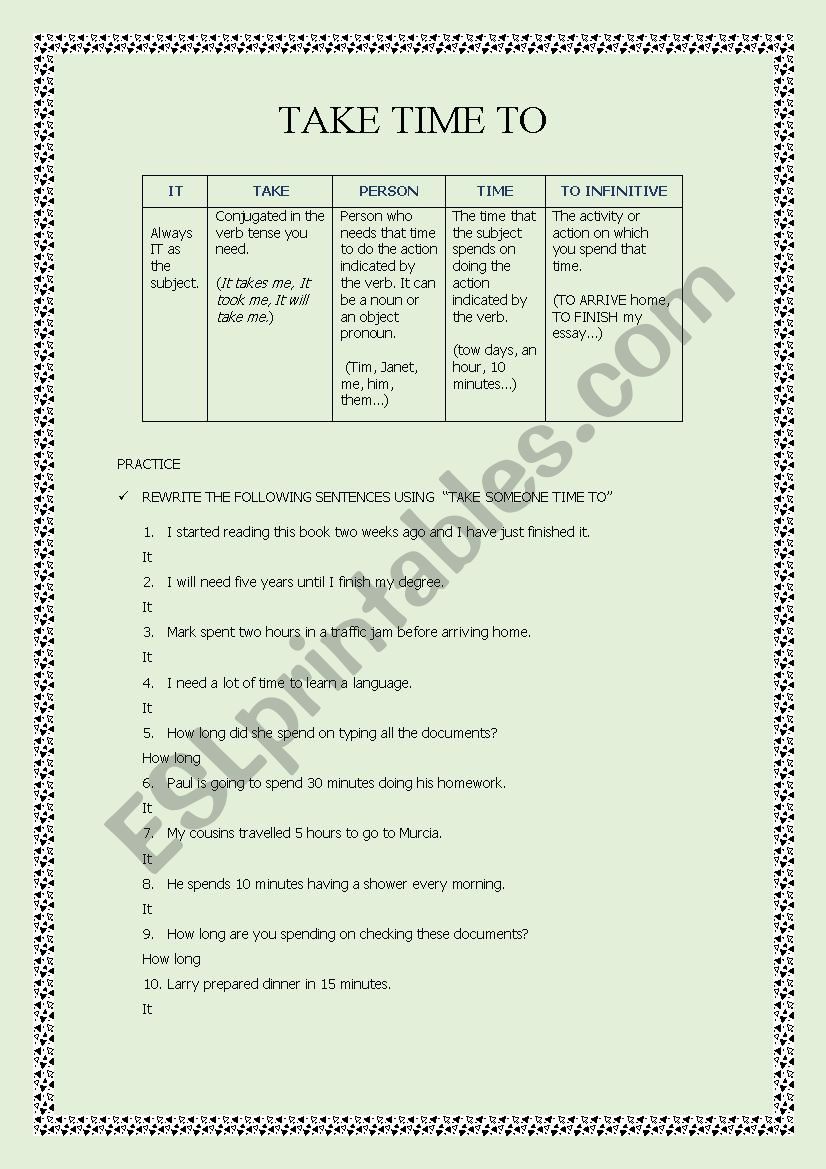 Take Time To worksheet