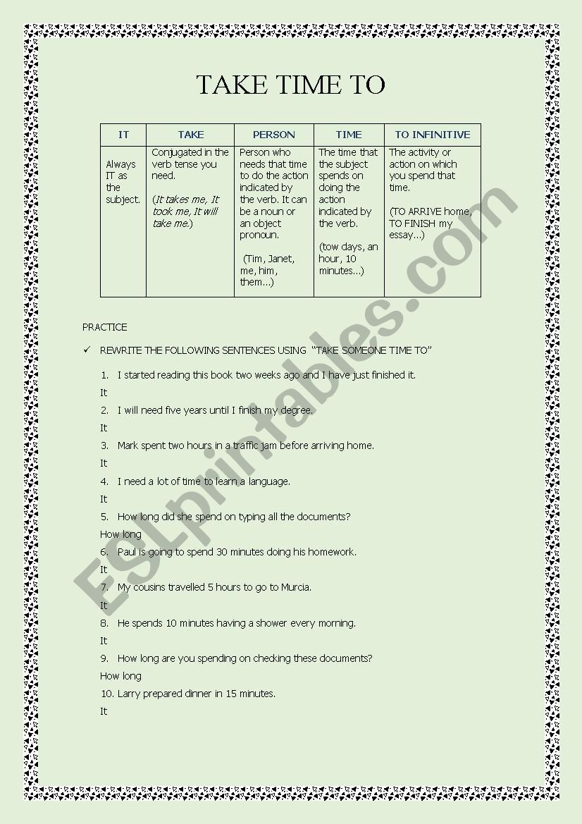 Take Time To worksheet