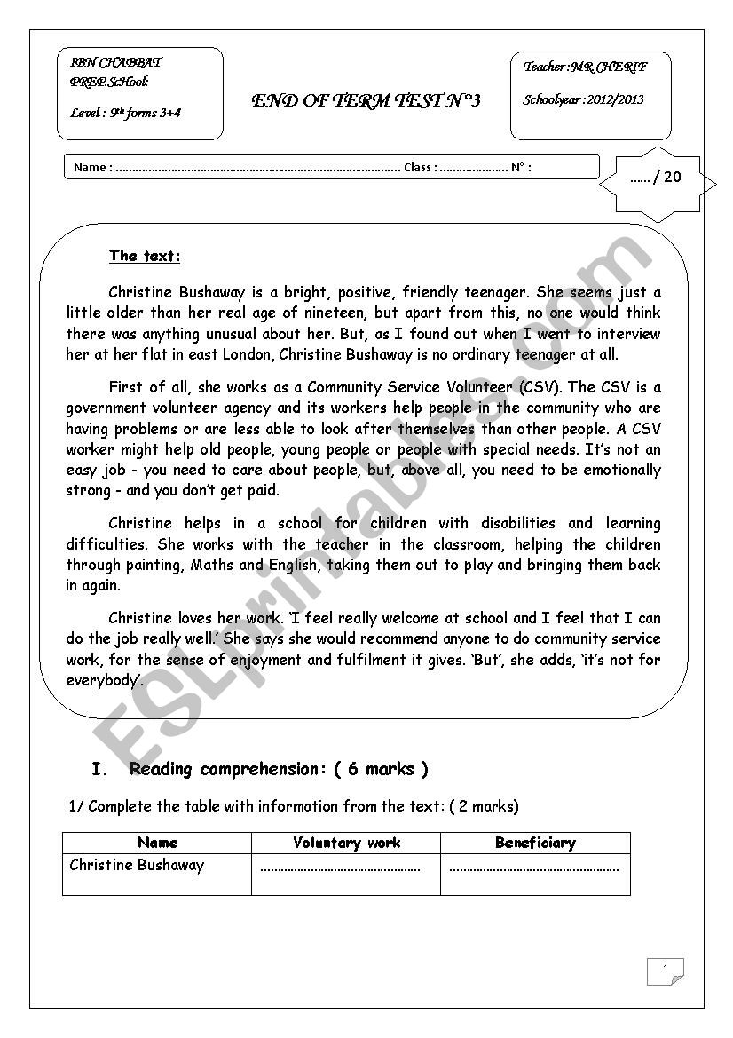 full term test 3 grade 9 worksheet