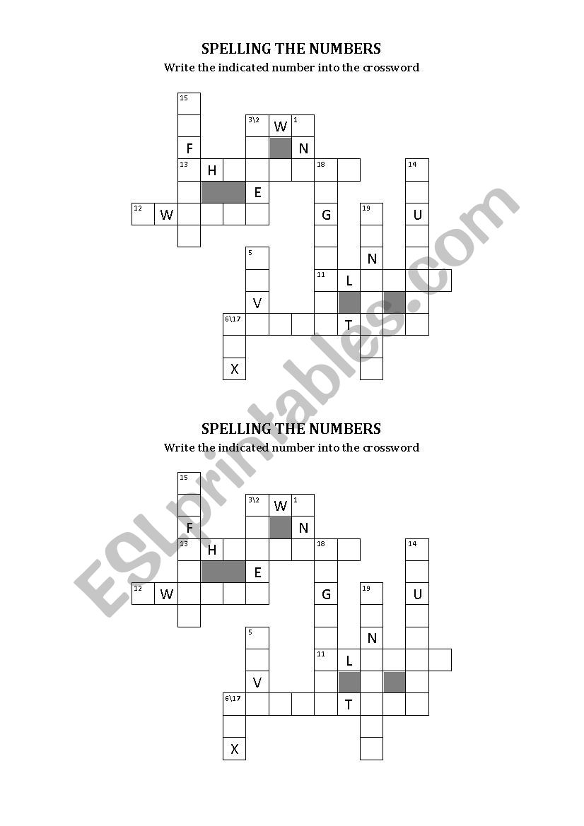 Numbers in crosswords worksheet