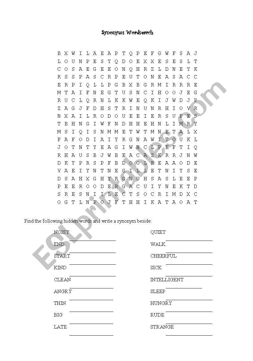 Synonym Wordsearch worksheet