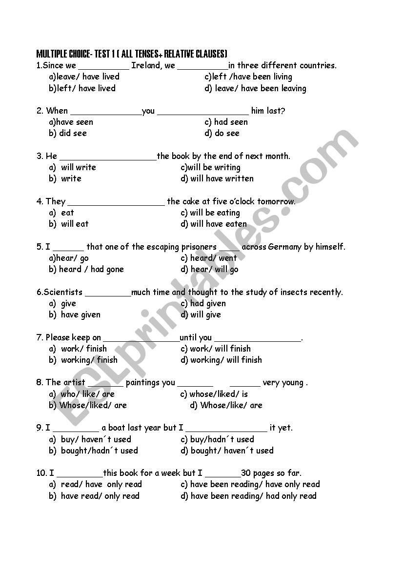 MULTIPLE CHOICE INTERMEDIATE ALL TENSES + RELATIVES