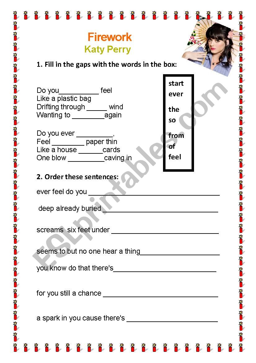 Song firework worksheet