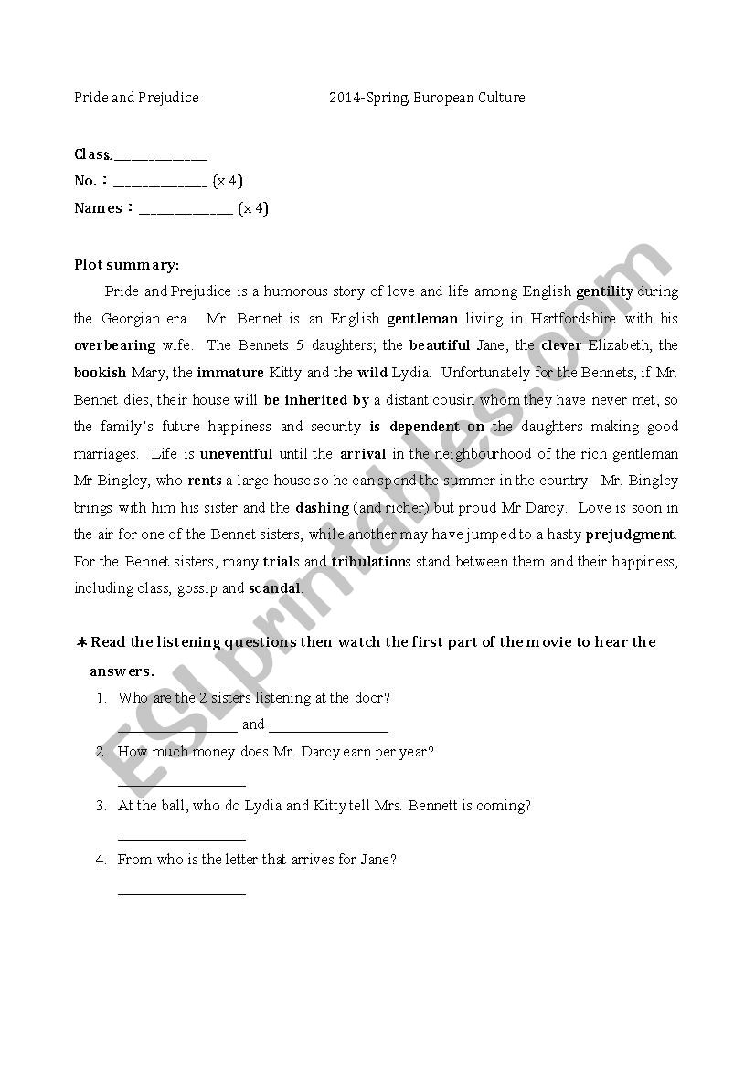 Pride and Prejudice the film worksheet