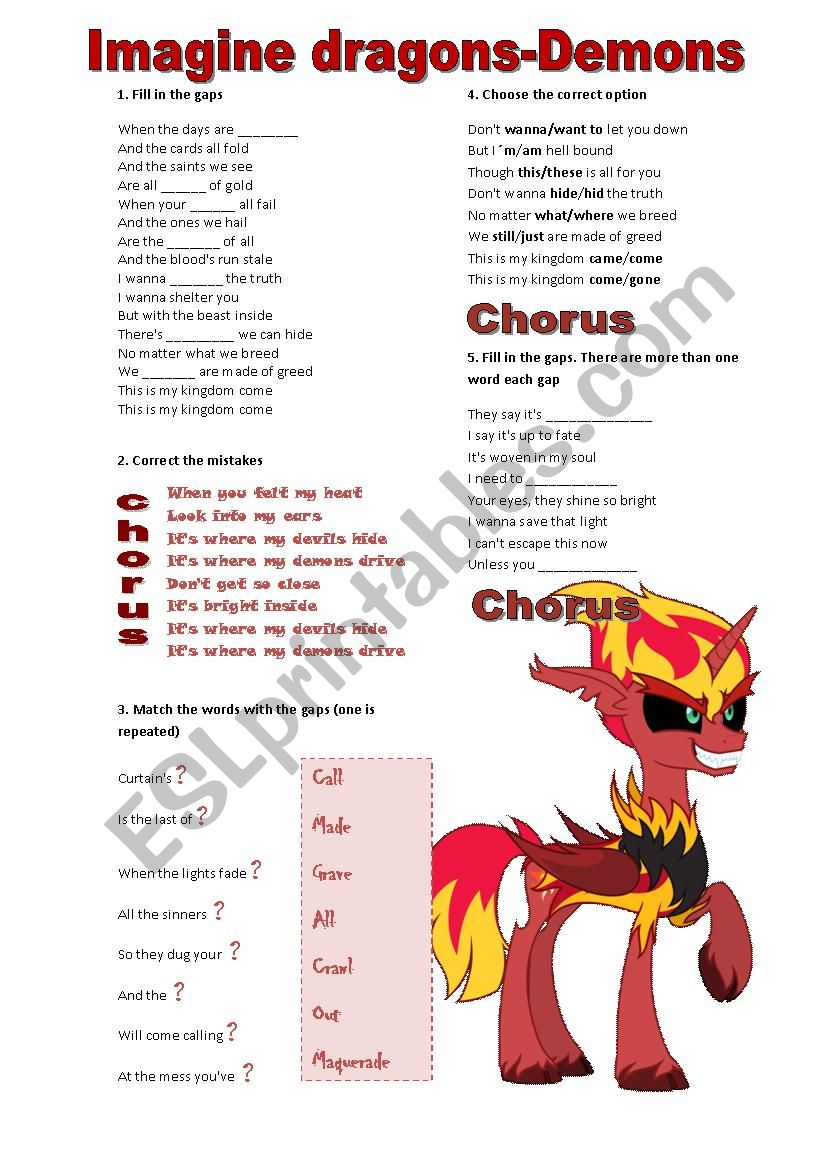 Demons - Imagine dragons worksheet