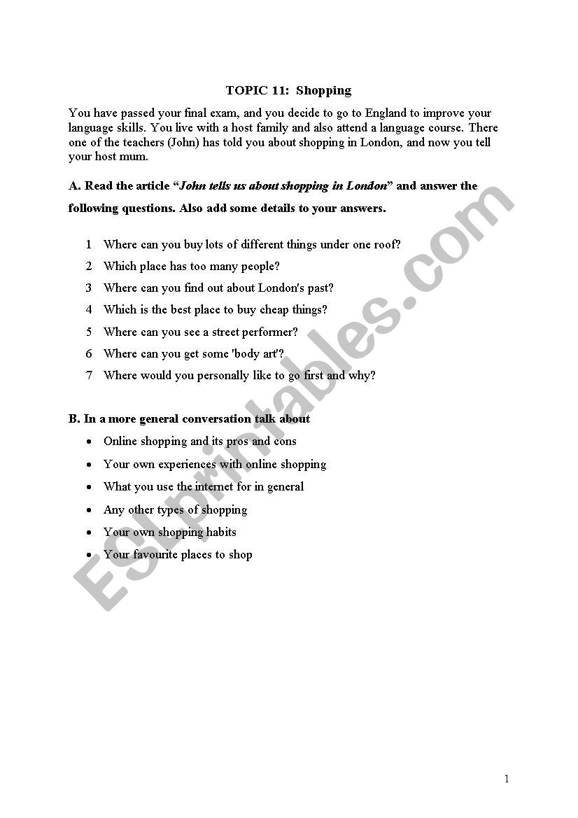 Shopping worksheet