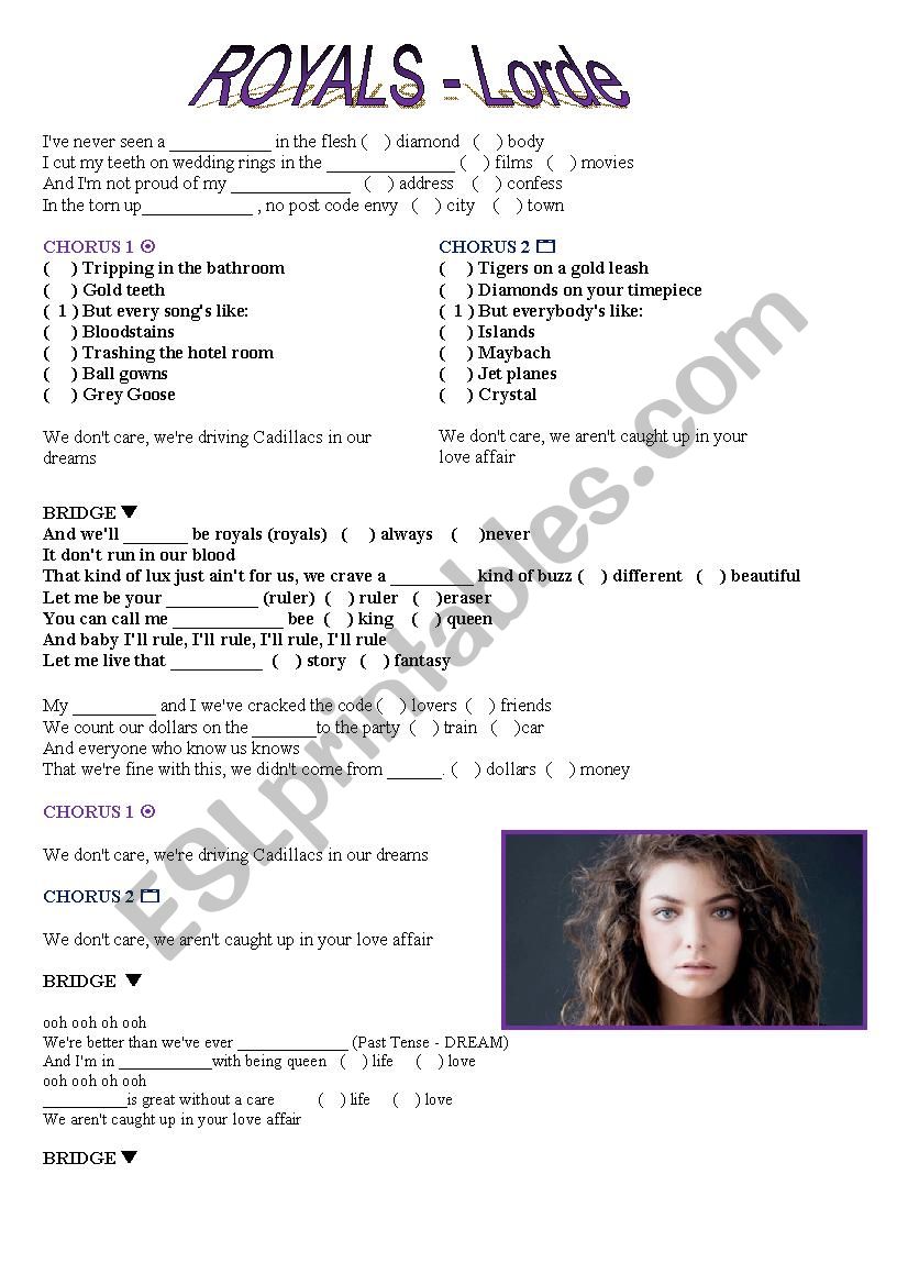 Royals - Lorde worksheet