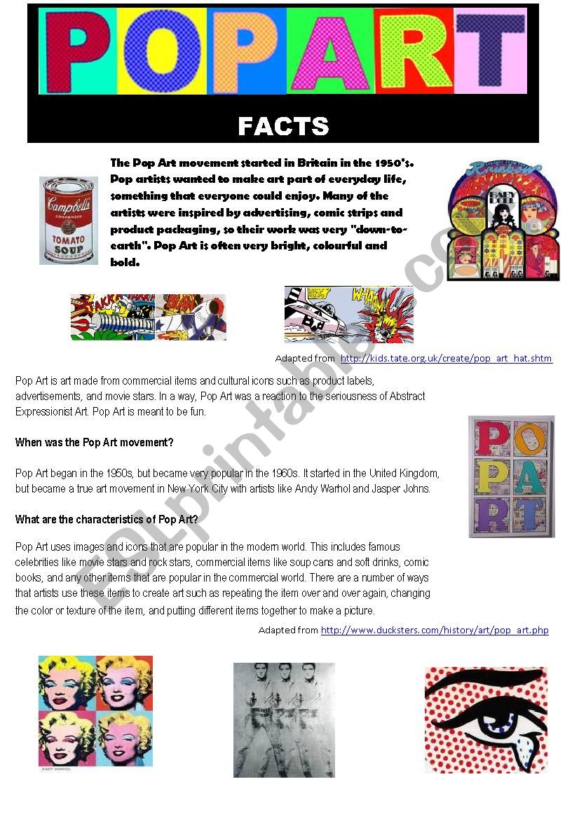 Pop Art - Facts and Worksheet worksheet