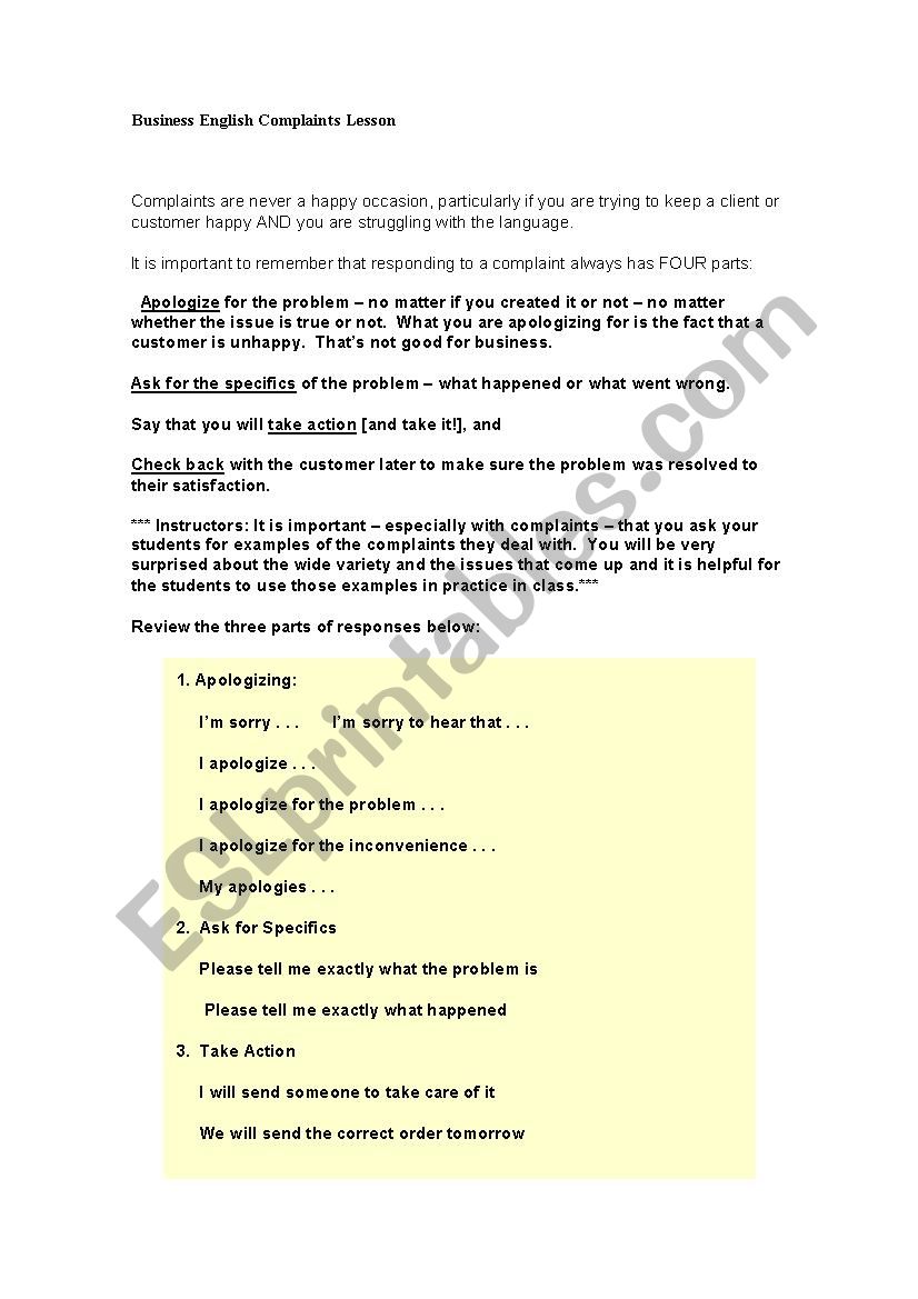 Sample Complaint worksheet