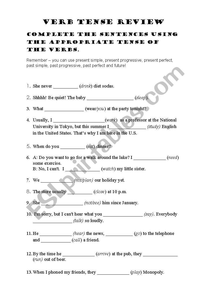 Verb Tense Review worksheet