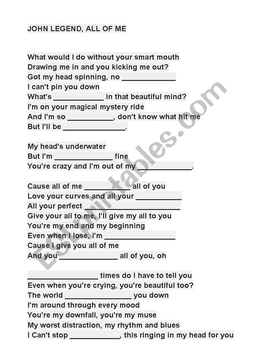 JOHN LEGEND - All of me worksheet