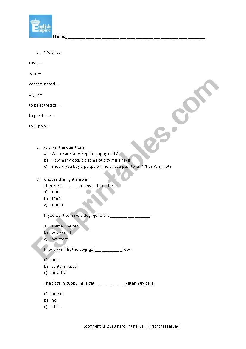 Puppy Mills - handout worksheet