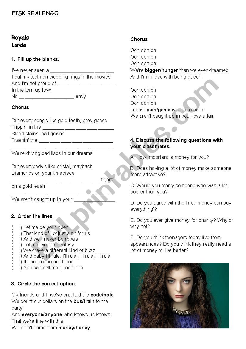 Lorde - Royals worksheet