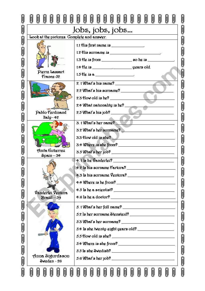 Jobs - elementary questionaire