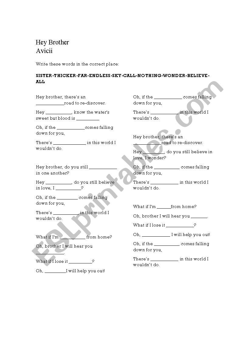 Avicii - Hey Brother worksheet