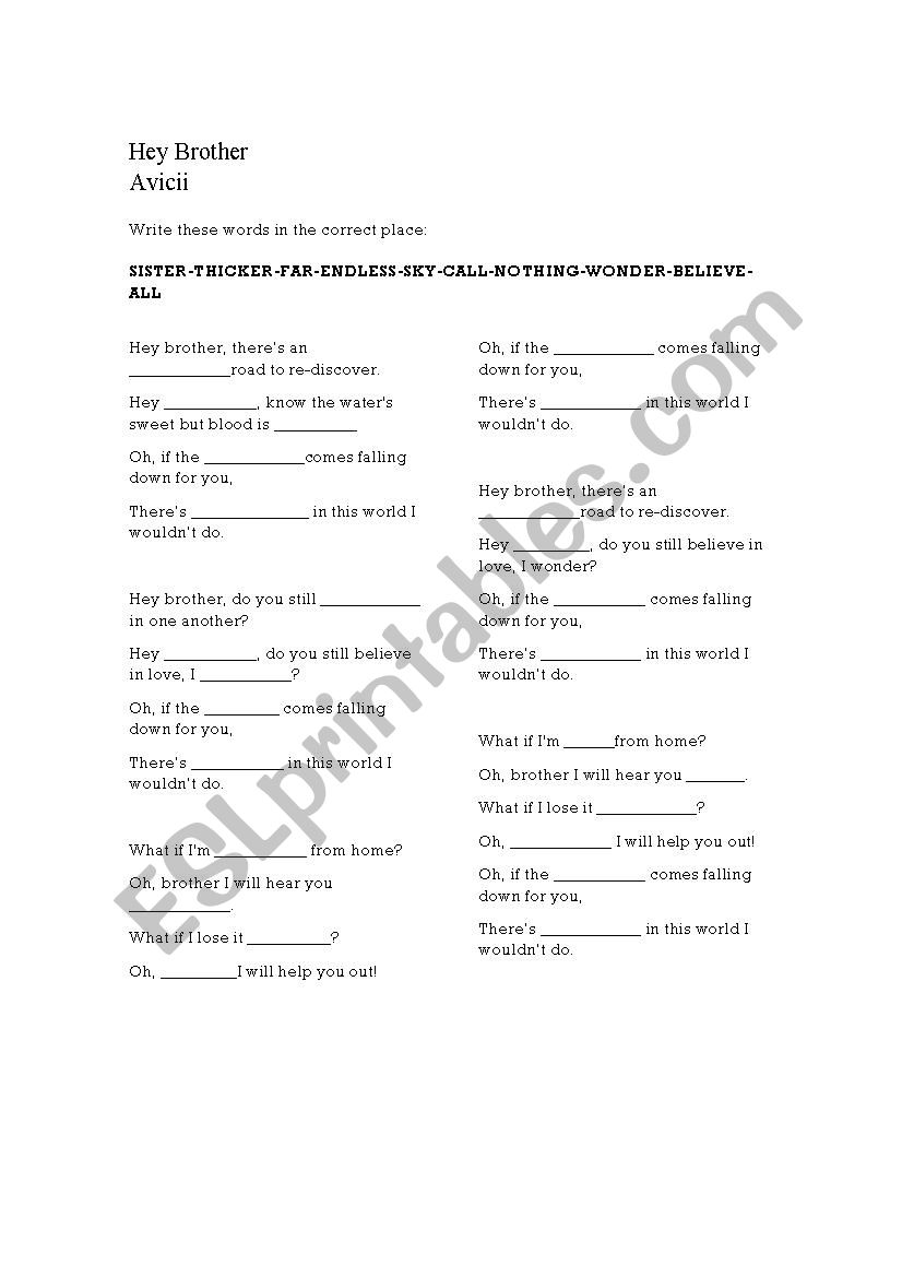 Avicii - Hey Brother worksheet