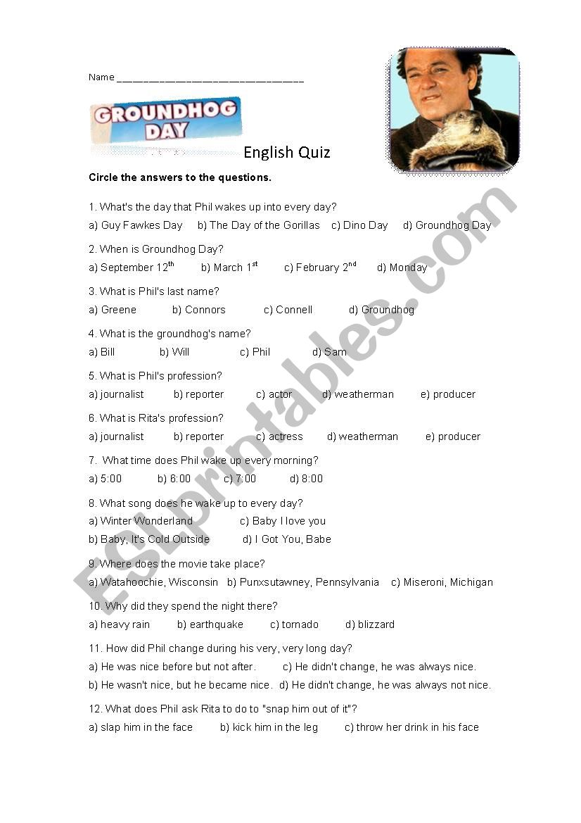 Groundhog Day Movie Quiz worksheet