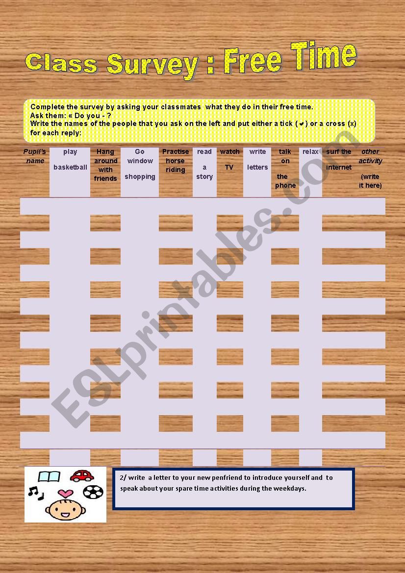 A  great worksheet about free time activities ,