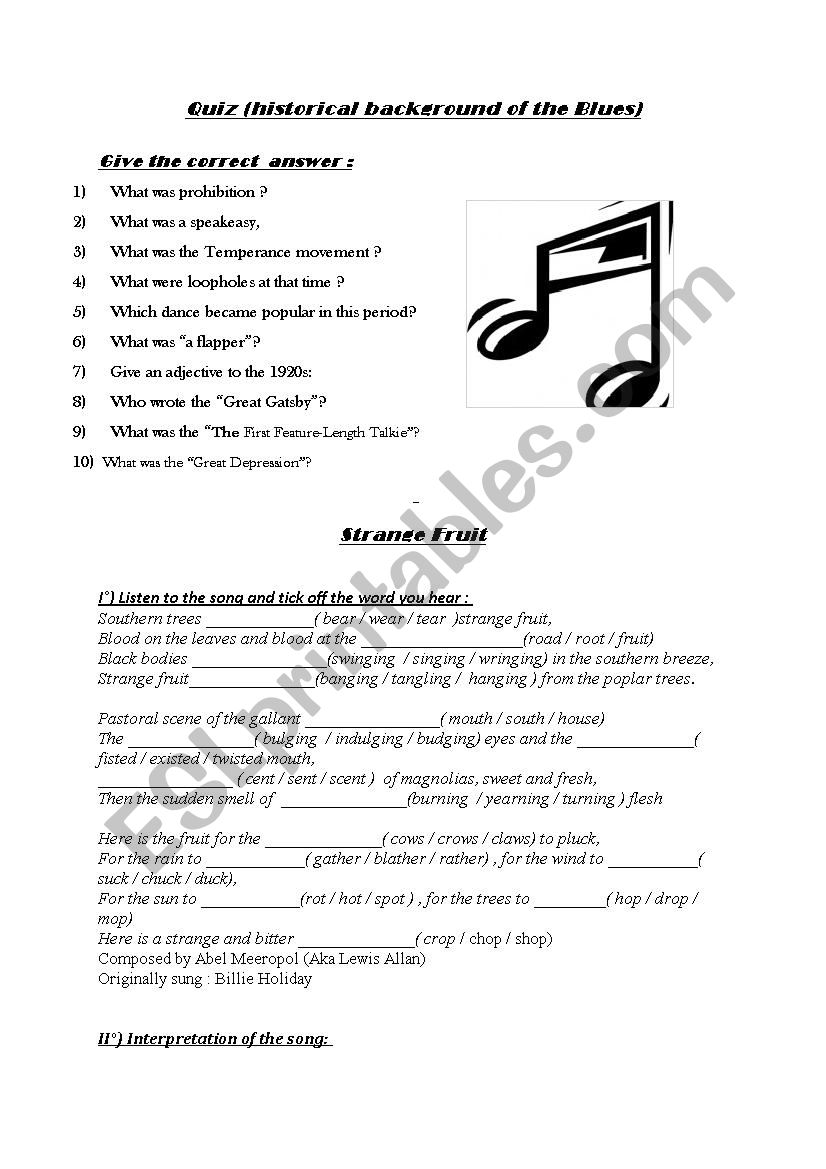Jazz worksheet and the 1920s worksheet
