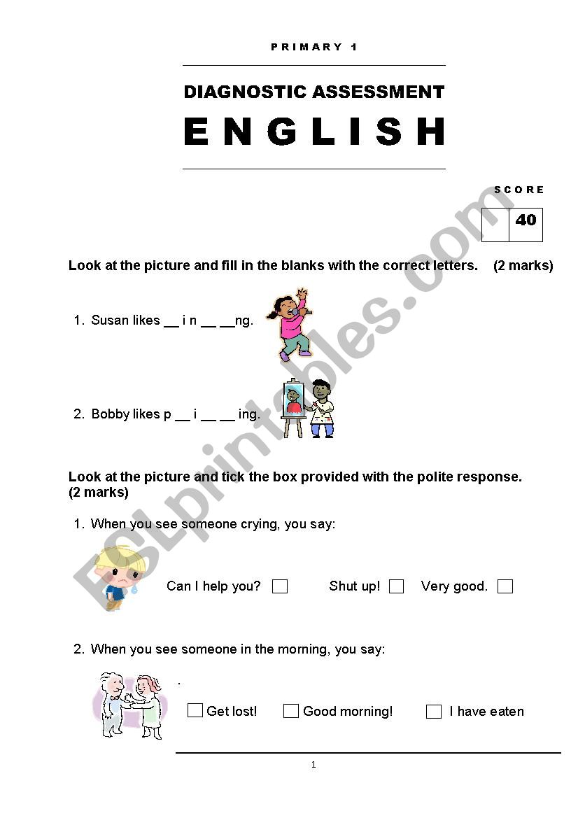 English Assessment Grade 1 worksheet