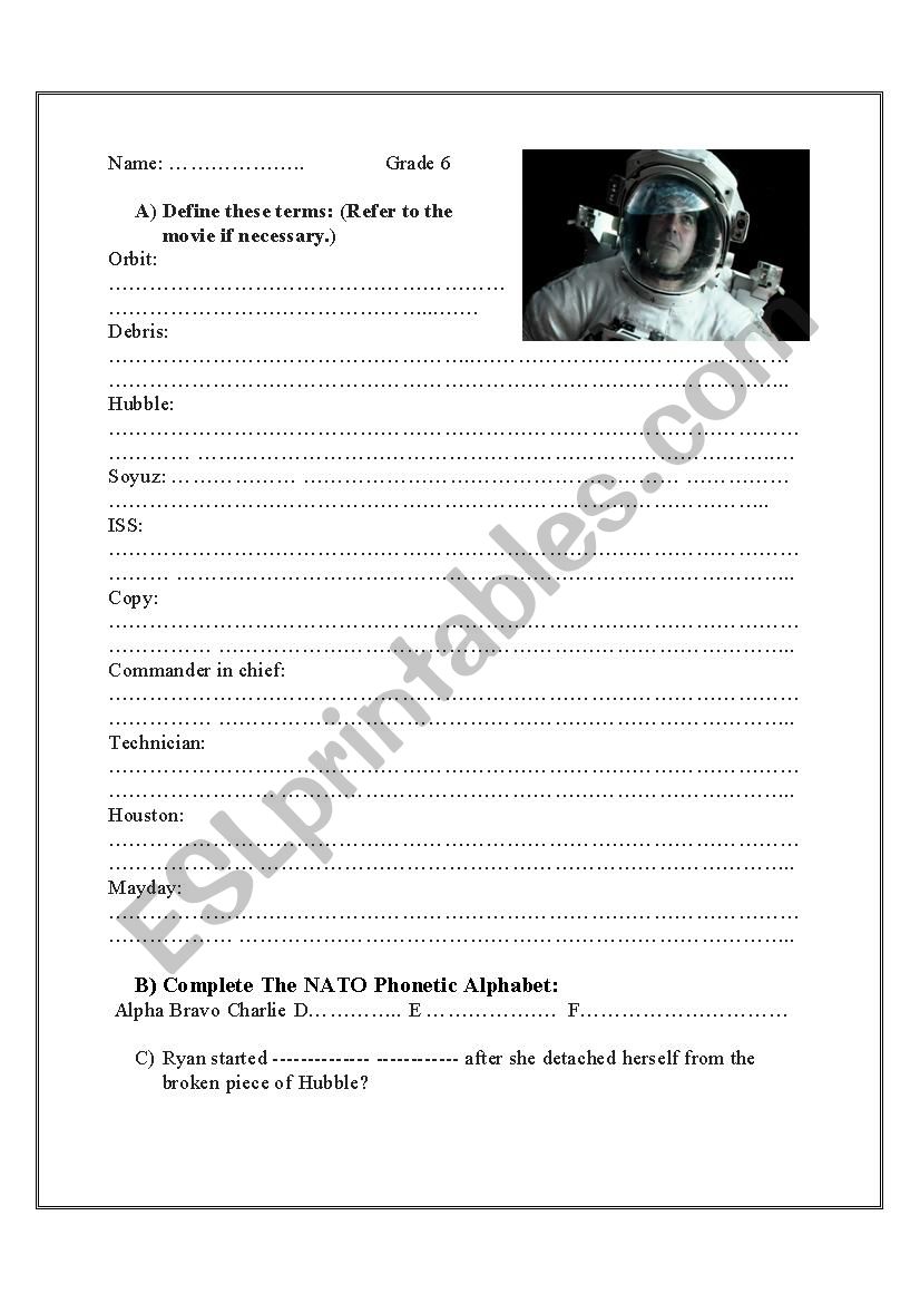 Gravity (2013) Movie Worksheet