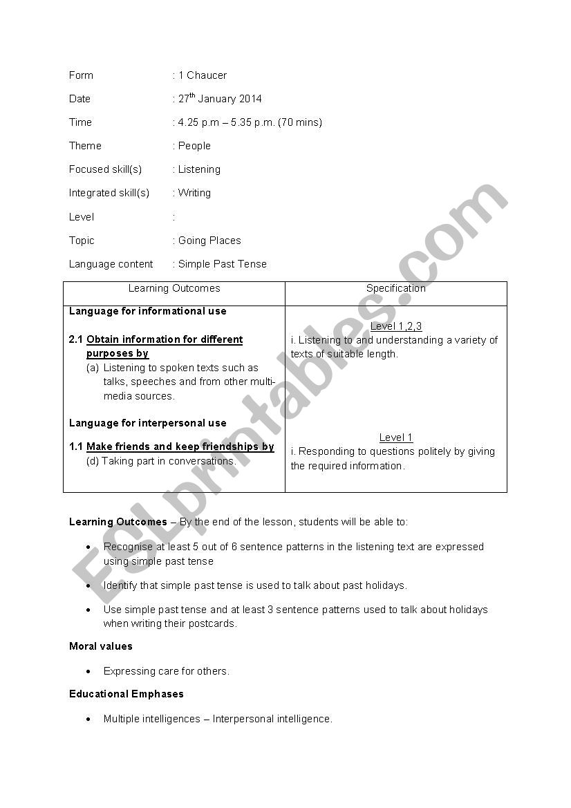 Going Places worksheet