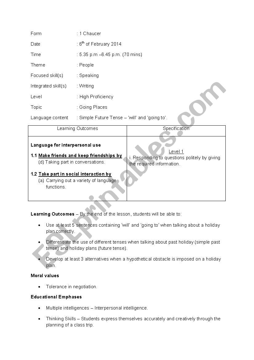 Going Places worksheet