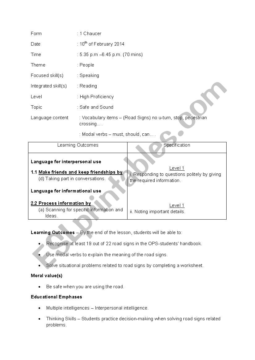 Safe and Sound worksheet