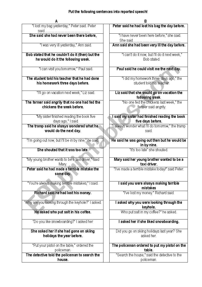 Partner sheet reported speech worksheet