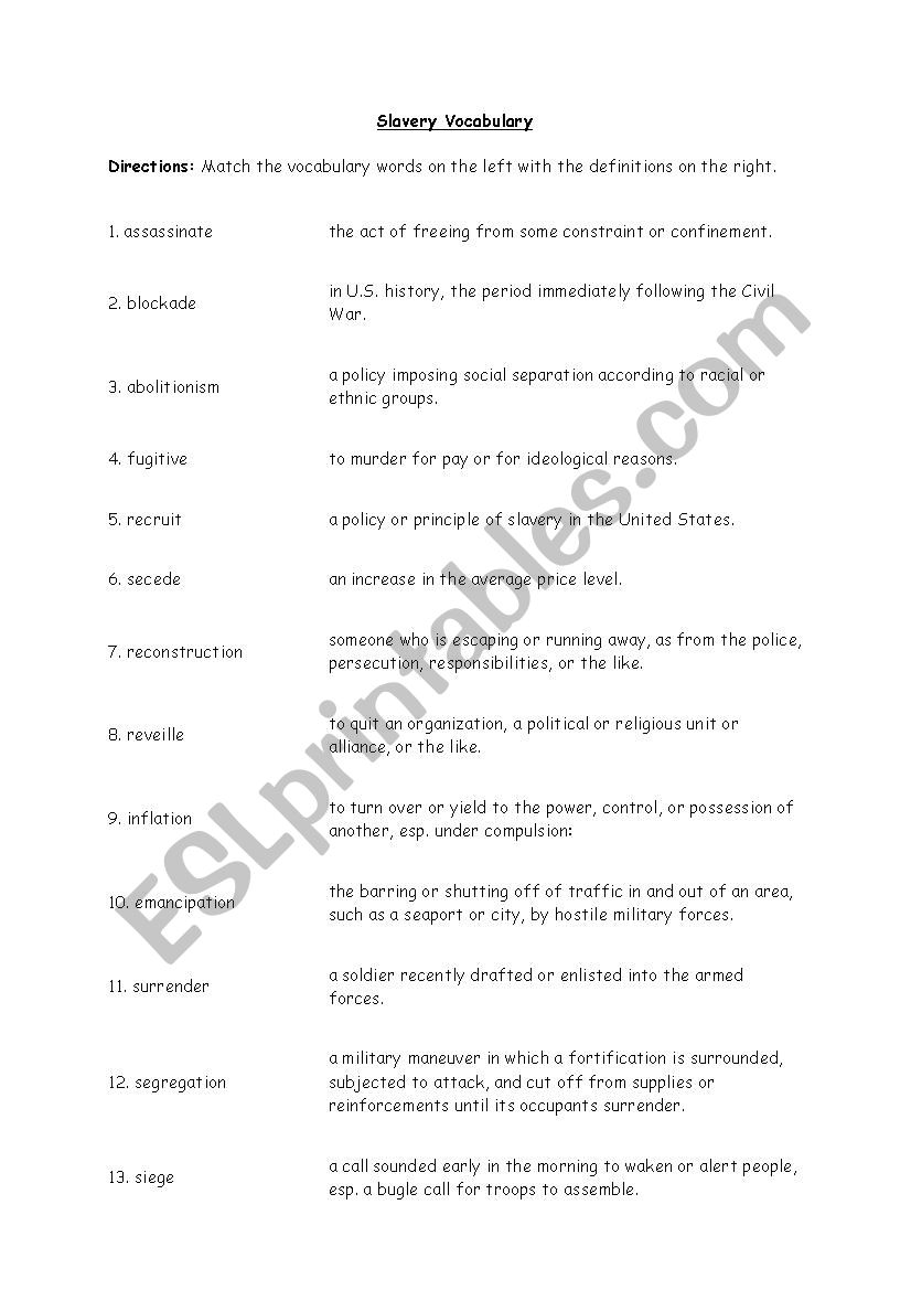 SLAVERY worksheet