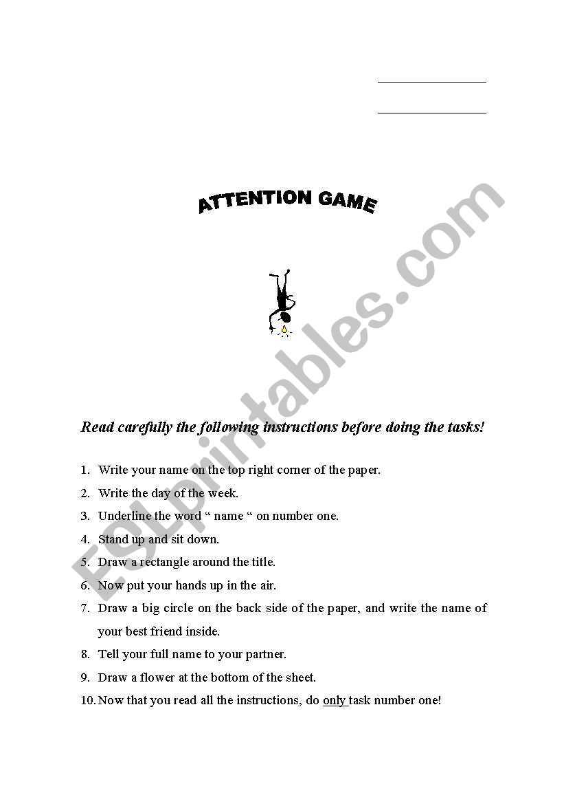 Attention game worksheet