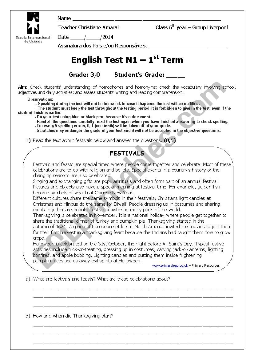 Test for elementary students worksheet