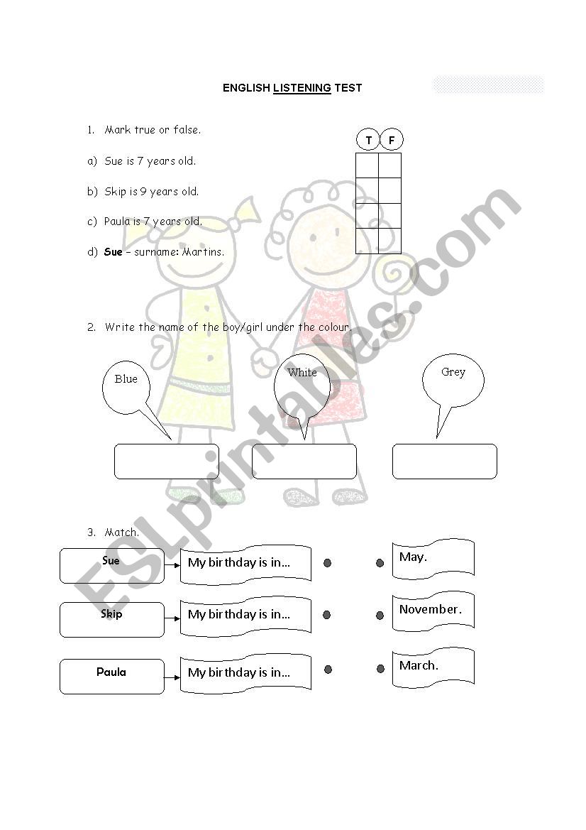 Listening test worksheet