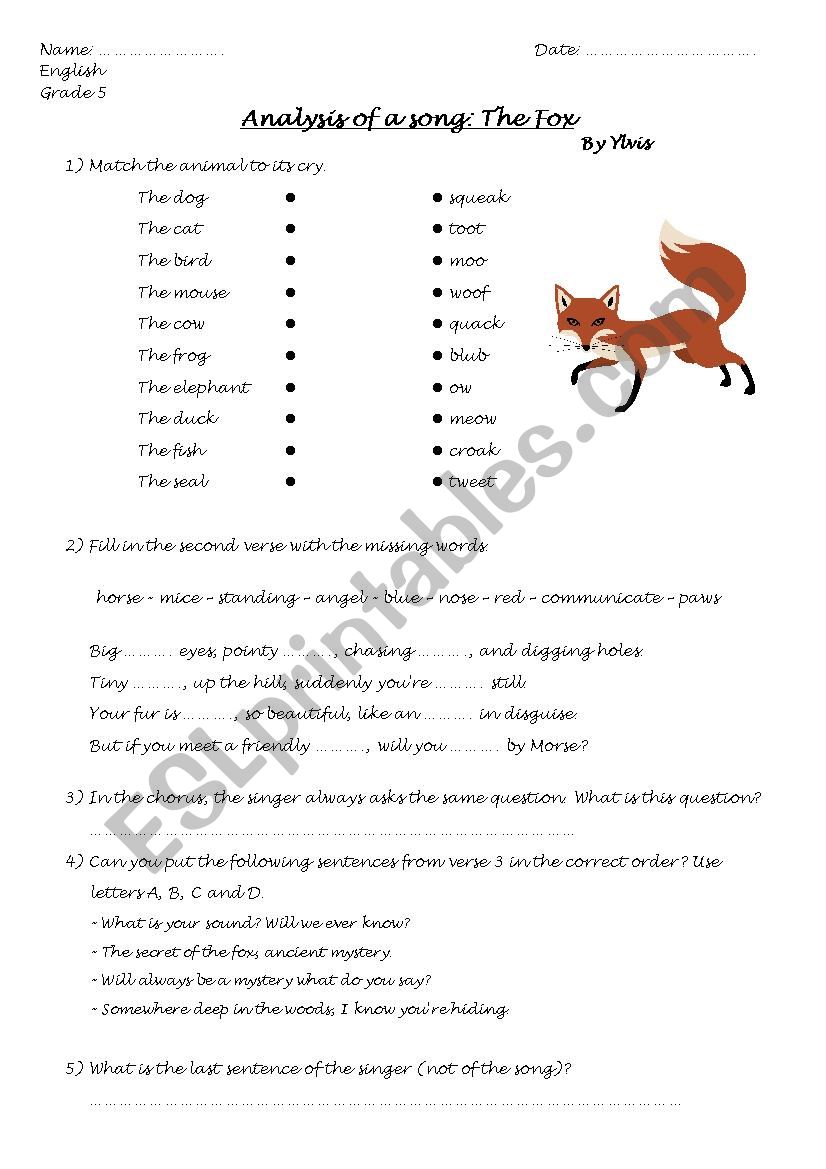 The Fox - Song by Ylvis worksheet