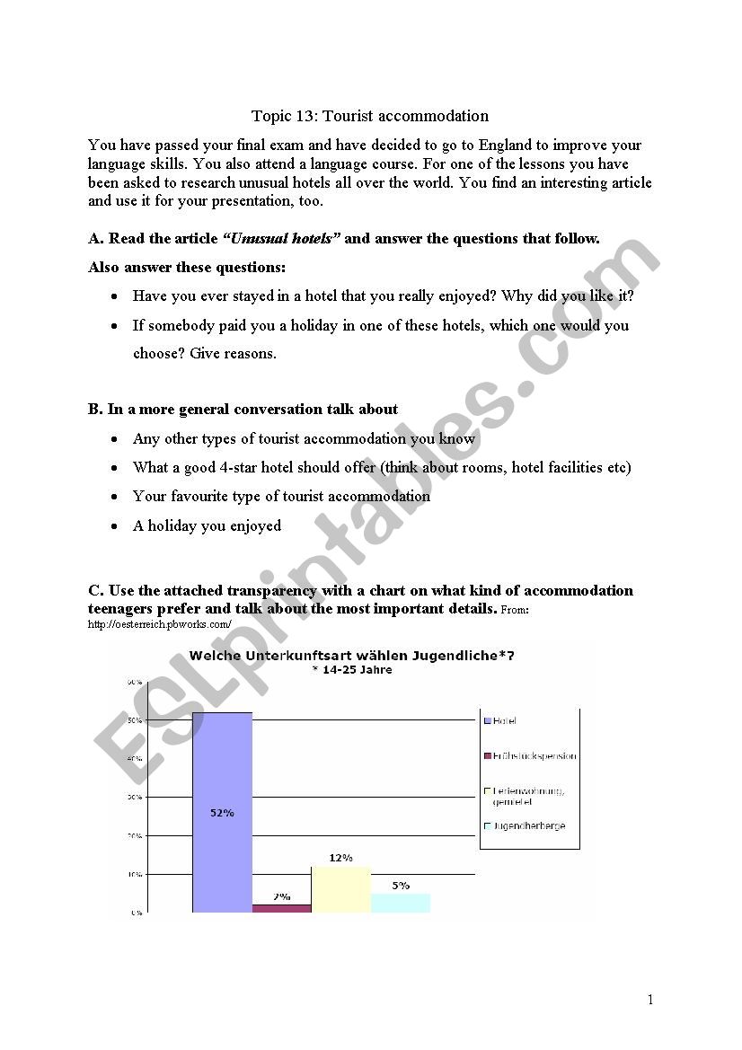 tourist accommodation worksheet