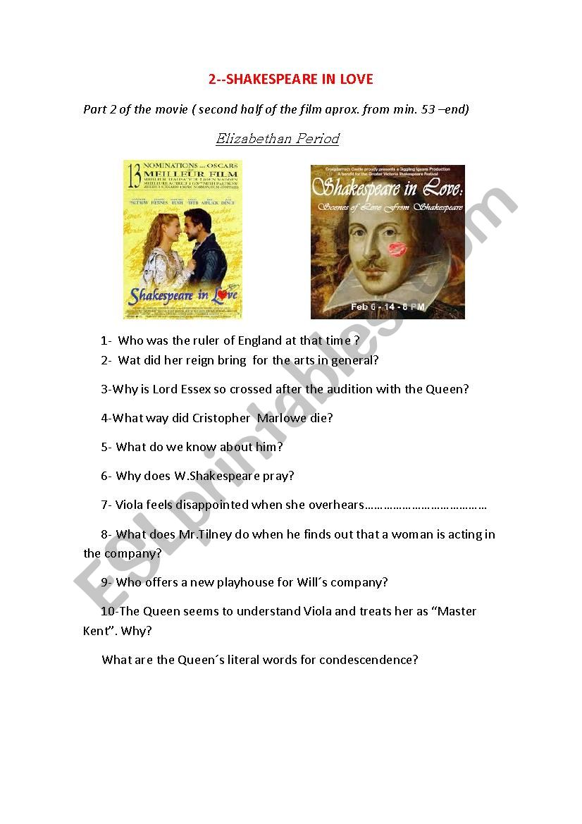 Shakespeare in Love. Part 2 worksheet