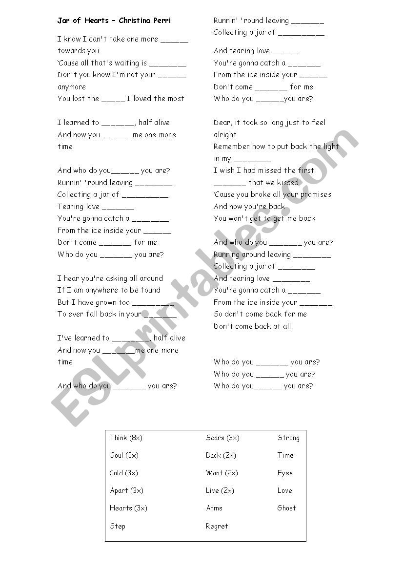 Song: Jar of hearts worksheet