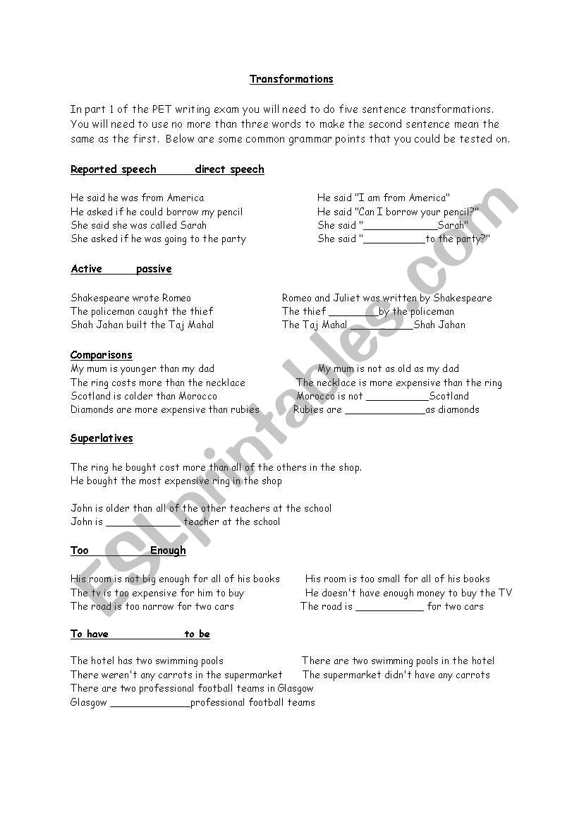 Common PET  Transformations  worksheet