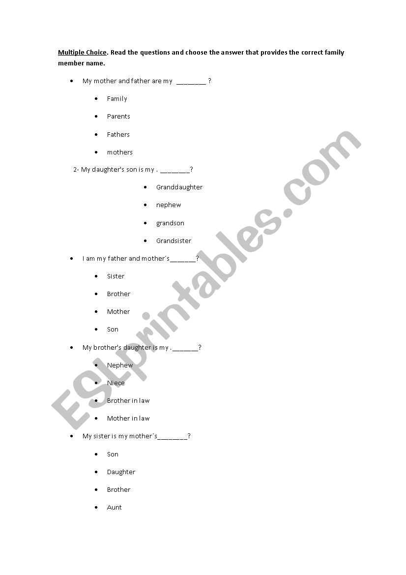  family members worksheet