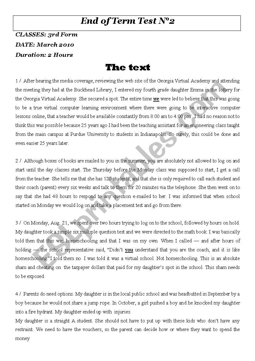 mid term test n°2 3rd form - ESL worksheet by naddoo