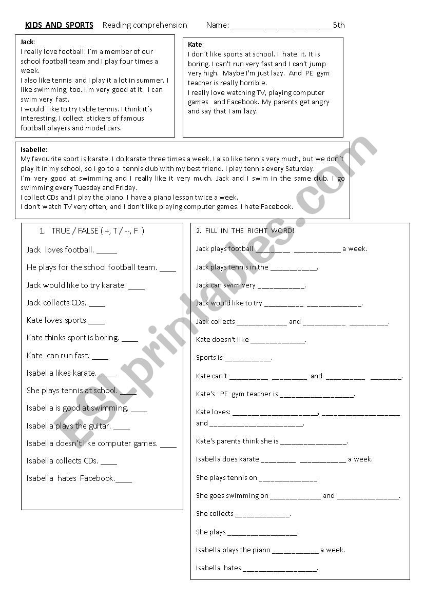 Free time, sports worksheet