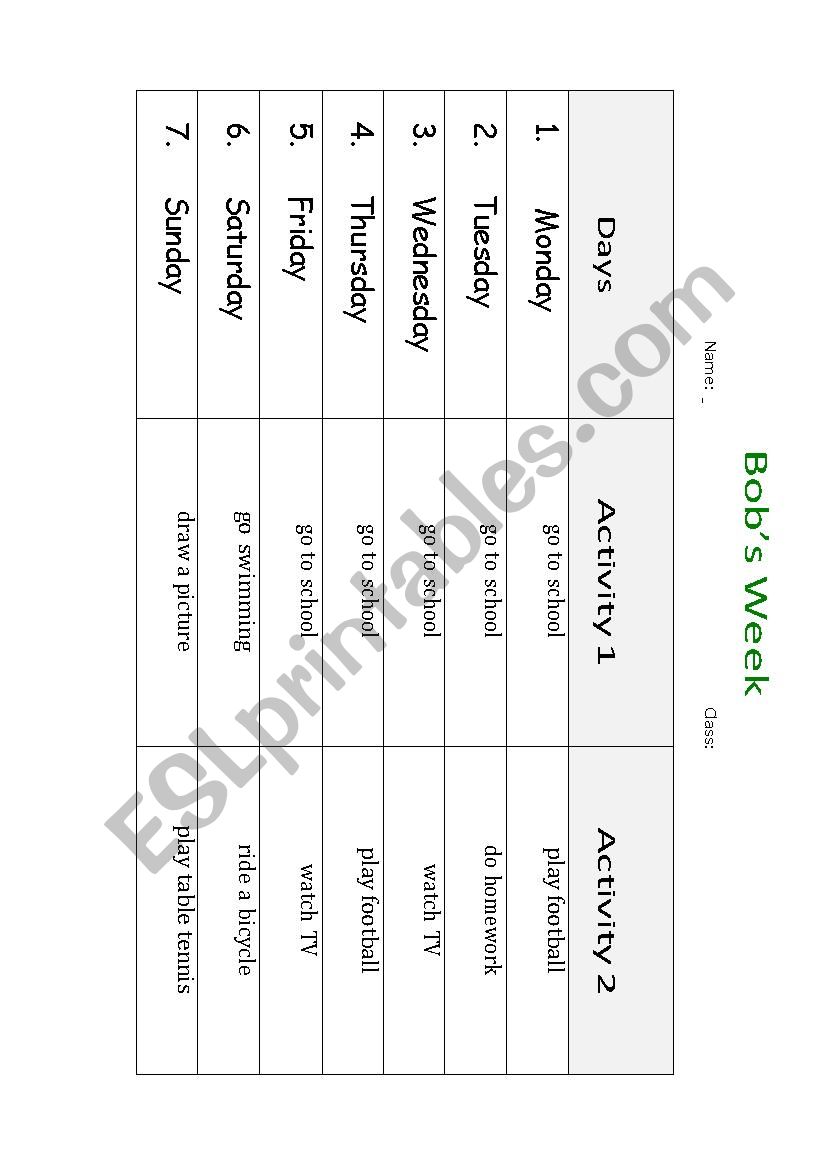 Days of week worksheet