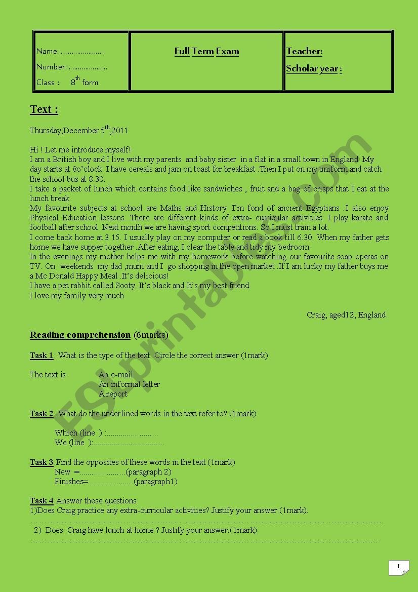 8th form full term test worksheet