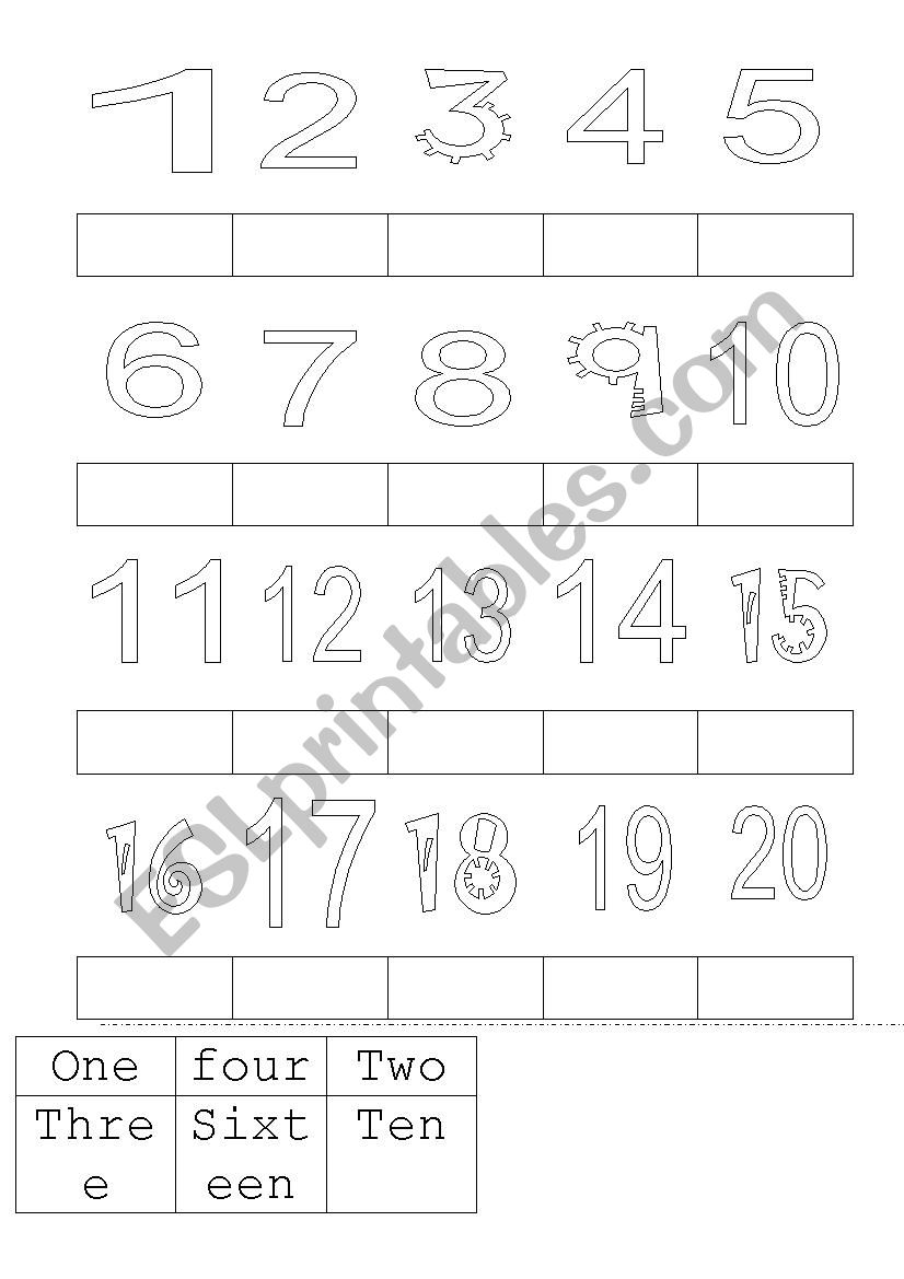 Worksheet of Number 1-20 and colours