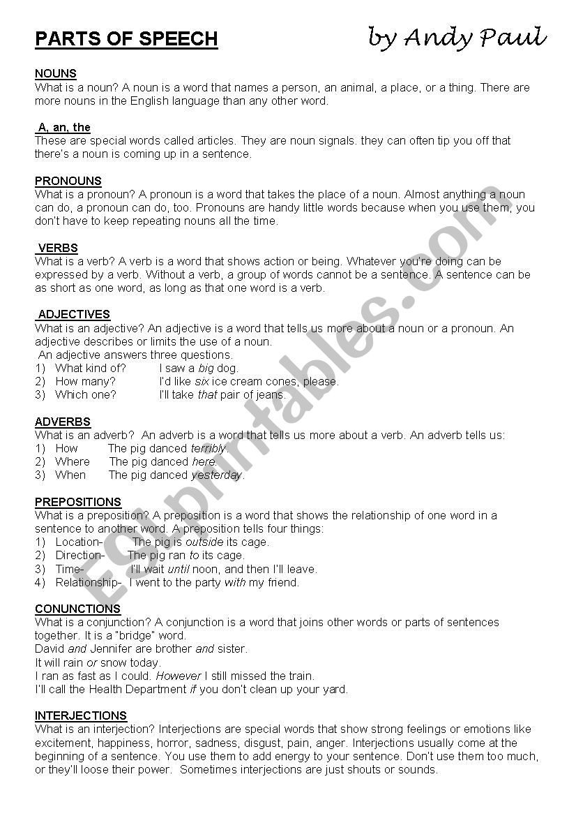 Parts of Speech worksheet