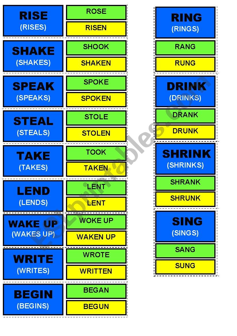Two Sided Flashcards Of Irregular Verbs Present Past Participle Forms Esl Worksheet By Estibenkarmona