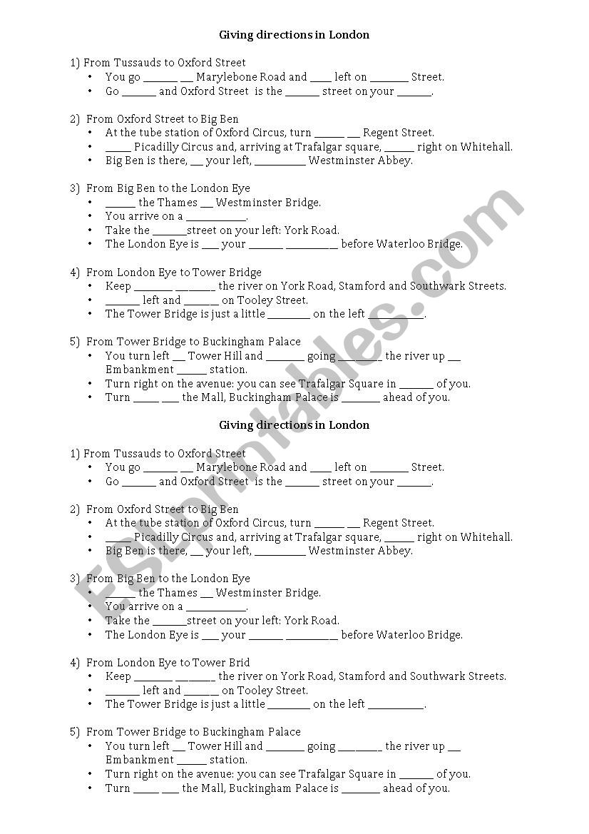 giving directions in London worksheet