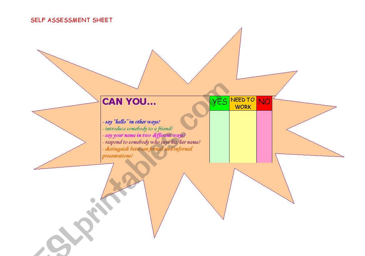 Students self assessment sheet