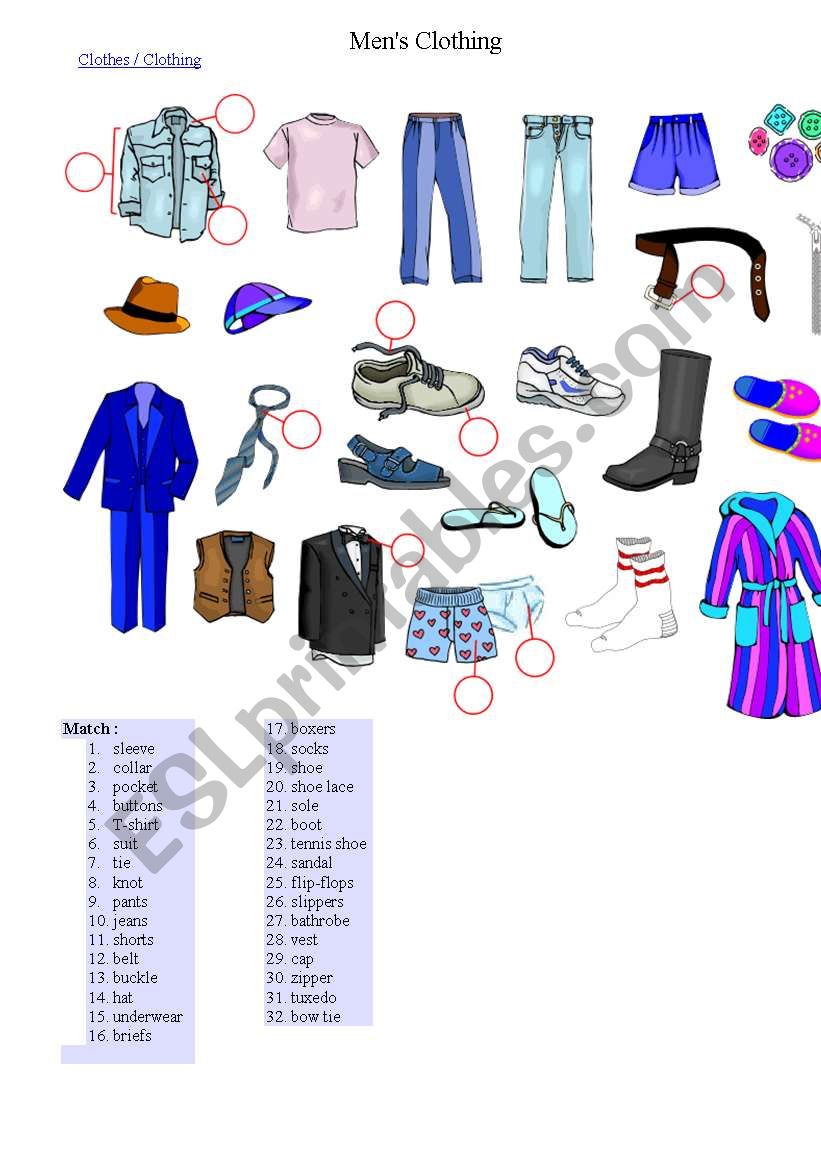 Mens clothes worksheet