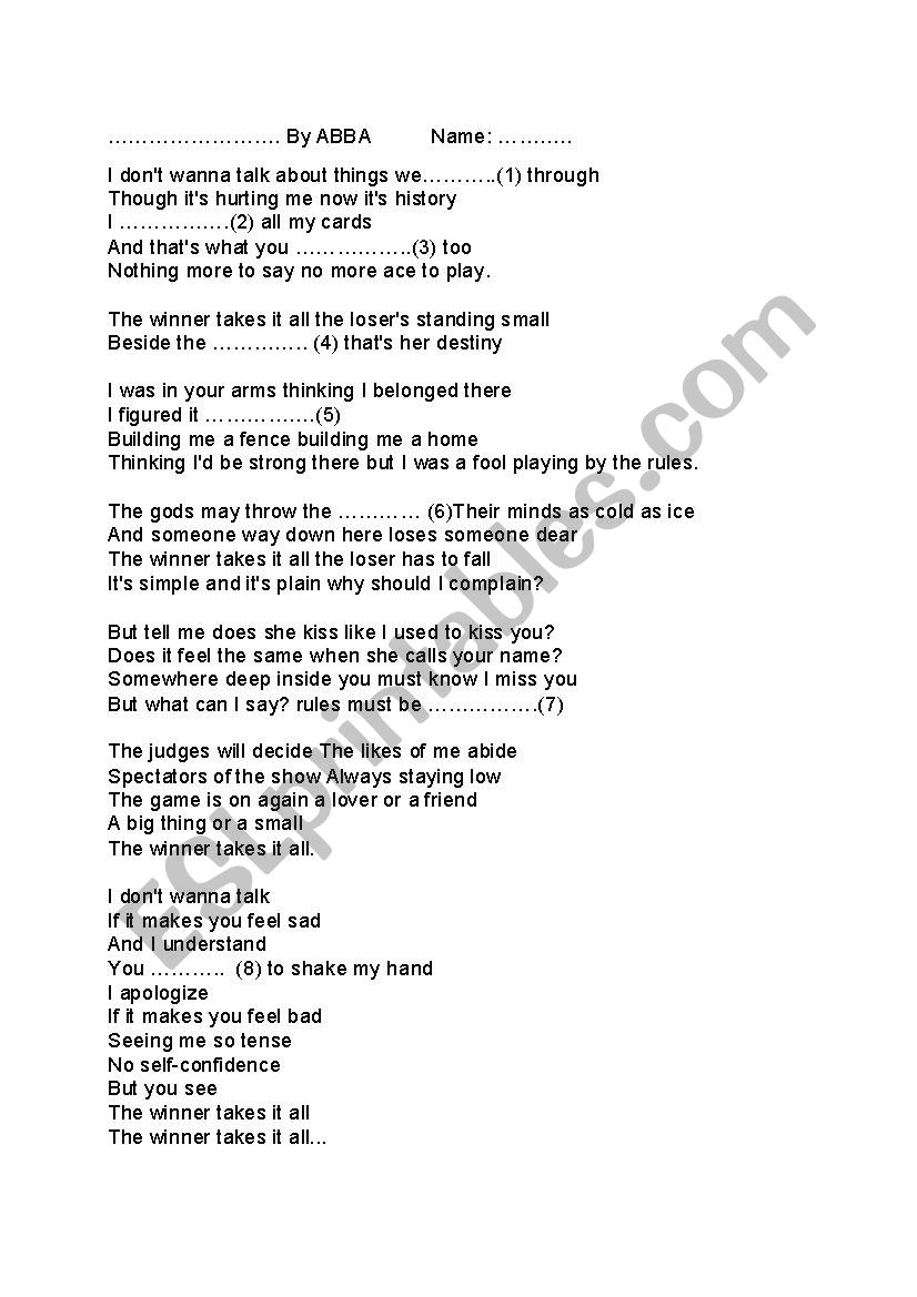 Song worksheet for The Winner Takes It All by ABBA